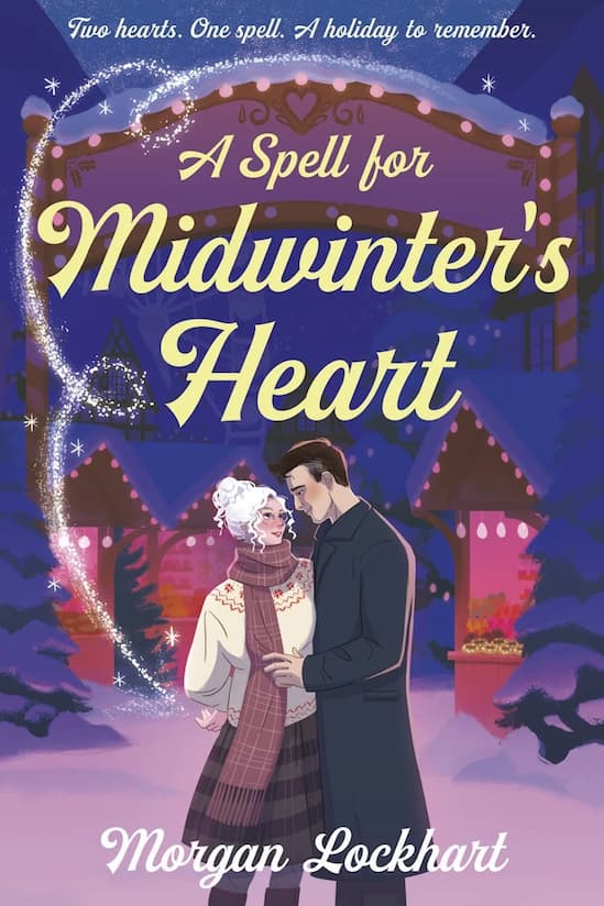Book cover of 'A Spell for Midwinter's Heart' with a couple in a snowy scene and a heart-shaped spell.