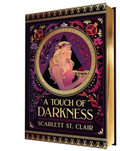 A book cover for 'A Touch of Darkness' by Scarlett St. Clair, featuring a dark purple and gold design with an illustration of a woman in profile, pomegranate motifs, and ornate decorative borders.