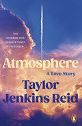 Book cover of 'Atmosphere' by Taylor Jenkins Reid, featuring a colorful cloud background with a rocket ship leaving the atmosphere. 