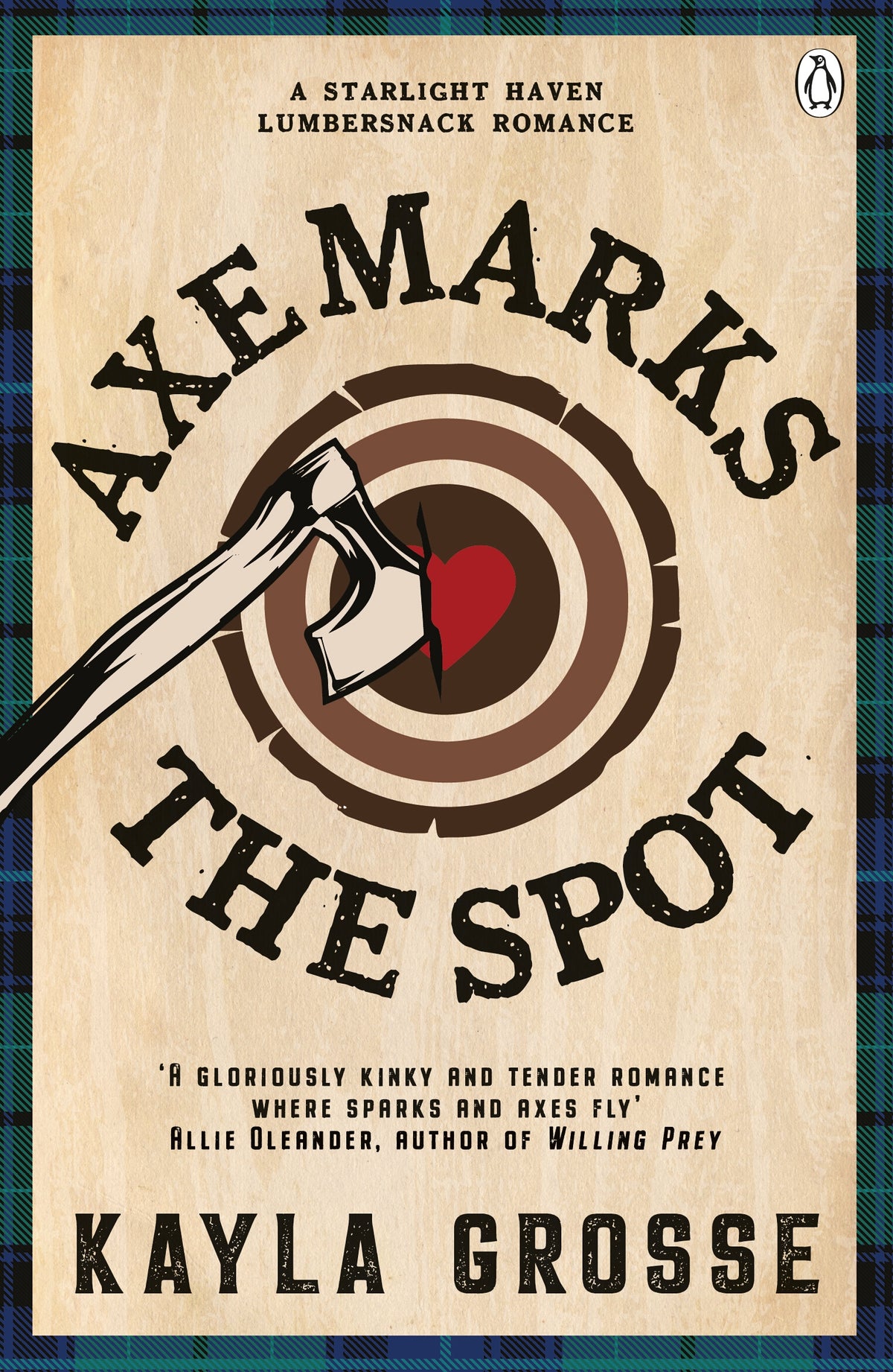Book cover for 'Axe Marks the Spot' by Kayla Grosse, featuring a graphic of a target that looks like the rings of a tree stump. The bullseye is a heart with an axe stuck through it.