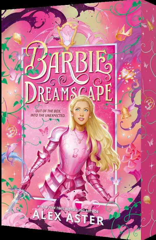 Front cover of the book Barbie Dreamscape by Alex Aster, featuring Barbie in pink armor against a whimsical pink fantasy background with flowers, butterflies, and a sword.