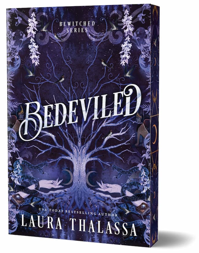 Book cover of 'Bedeviled' by Laura Thalassa with a mystical design showing a big tree growing up the middle with two hands reaching towards it with celestial images, snakes and birds surrounding the tree. 