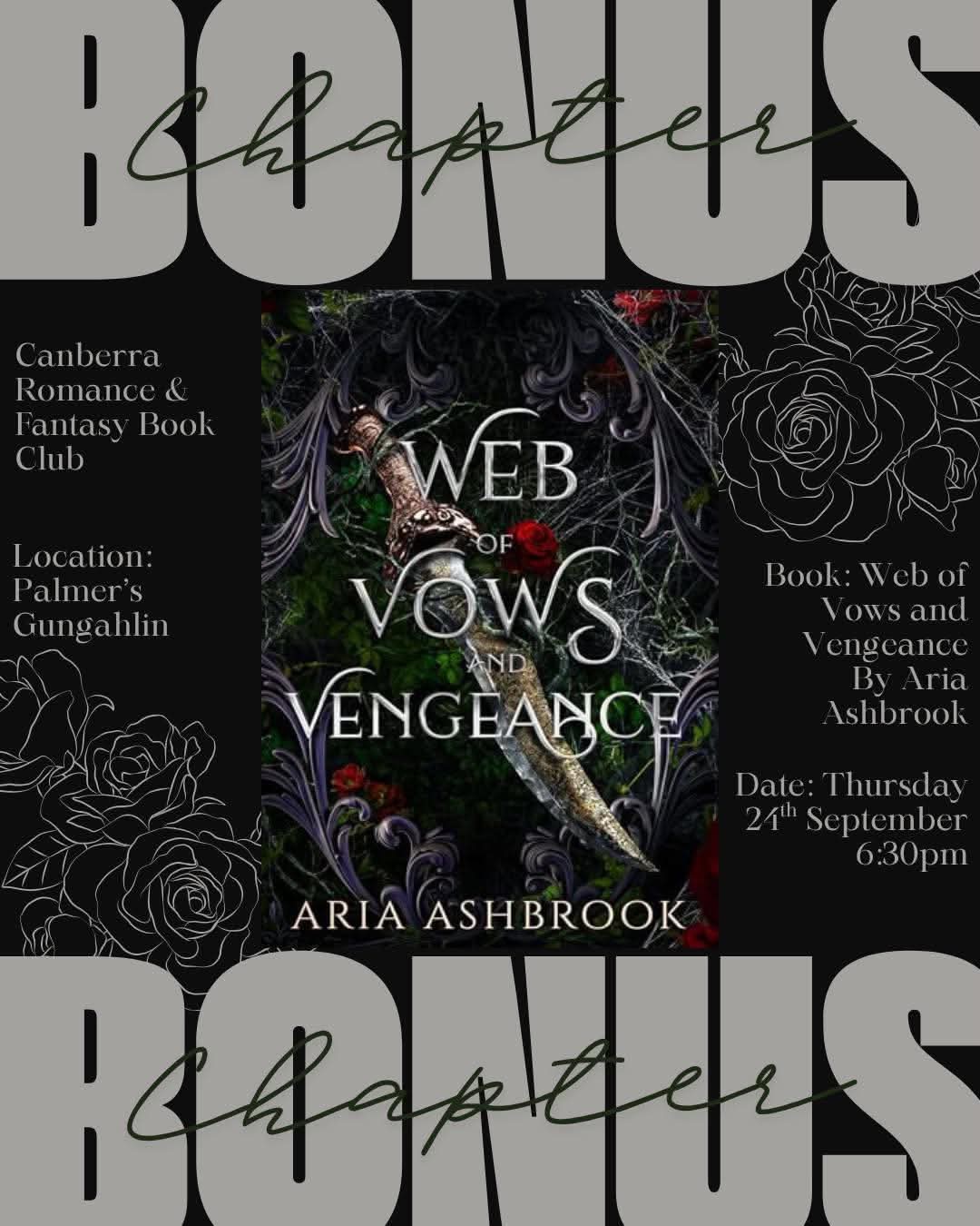 Promotional graphic for the Canberra September 2026 bonus pick, 'Web of Vows and Vengeance' by Ariá Ashbrook. The graphic has large gray 'BONUS' text and event details on a black background.
