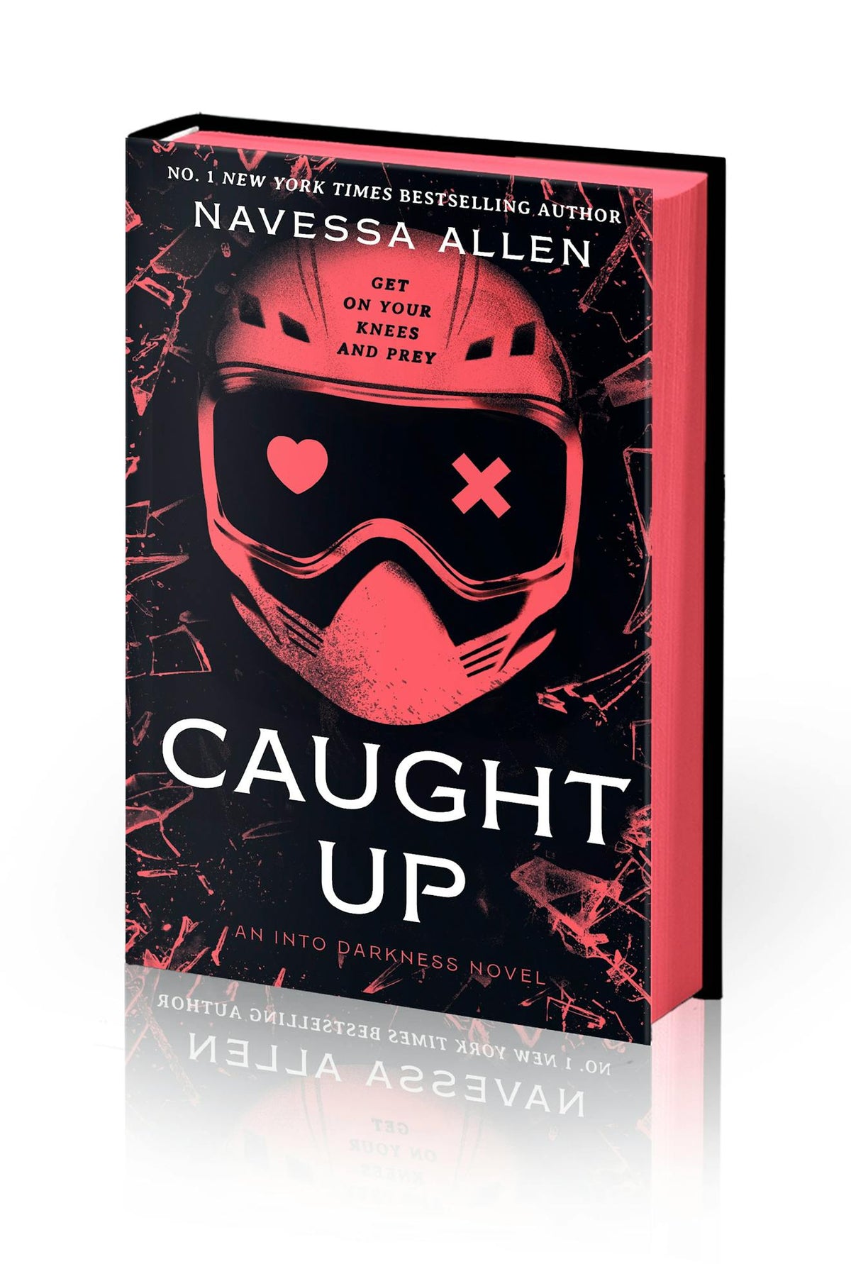 Hardcover edition of 'Caught Up' by Navessa Allen with a red helmet design and text on a dark background with red sprayed edges.