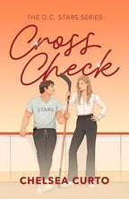 Book cover for 'Cross Check' by Chelsea Curto, featuring an illustrated man and woman on an ice rink with hockey sticks, set against a peach-orange gradient background with the title in large red script.