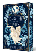 Book cover for 'Daughter of the Tempest' by Braidee Otto, featuring a dark navy blue background with ornate light blue floral and wave illustrations, a cream-colored griffin, and gold decorative borders. The Penguin logo is visible in the top right corner.
