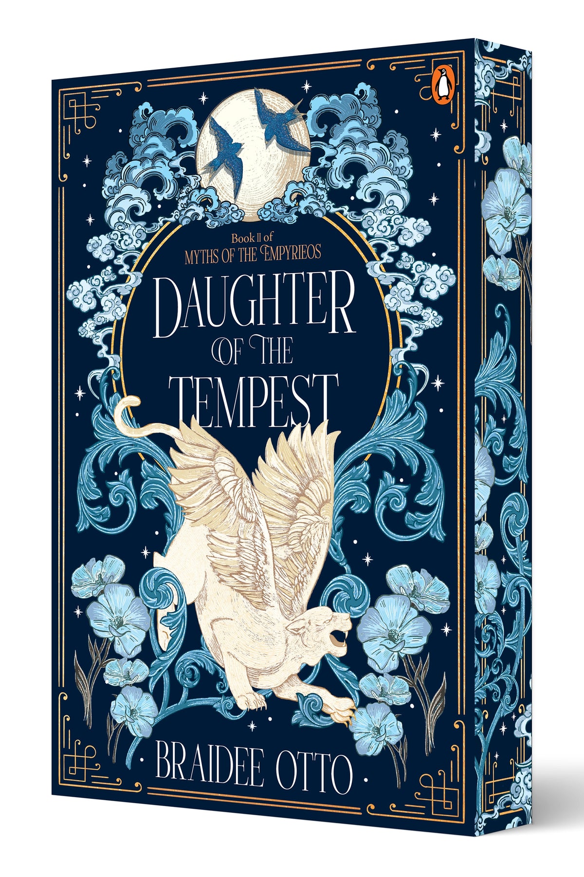 Book cover for 'Daughter of the Tempest' by Braidee Otto, featuring a dark navy blue background with ornate light blue floral and wave illustrations, a cream-colored griffin, and gold decorative borders. The Penguin logo is visible in the top right corner.