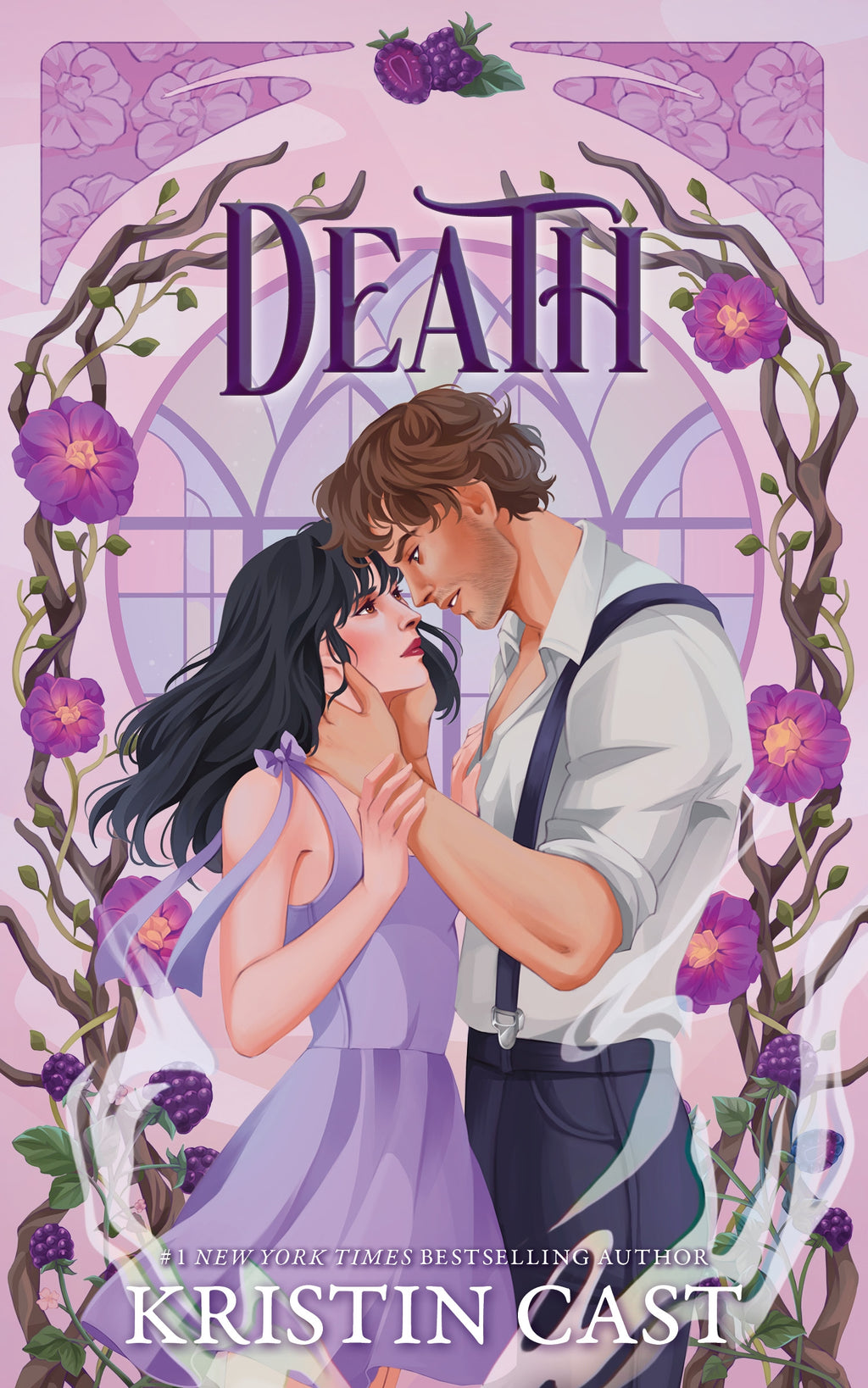Book cover of 'Death' by Kristin Cast, featuring a romantic illustration of two characters looking deeply into each other's eyes, he is cradling her face between his hands and they are surrounded by floral elements.
