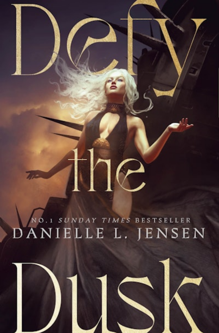 The cover of 'Defy the Dusk' by Danielle L. Jensen, featuring an illustration of a woman with white hair and a grey dress standing in from of an apocalyptic structure.