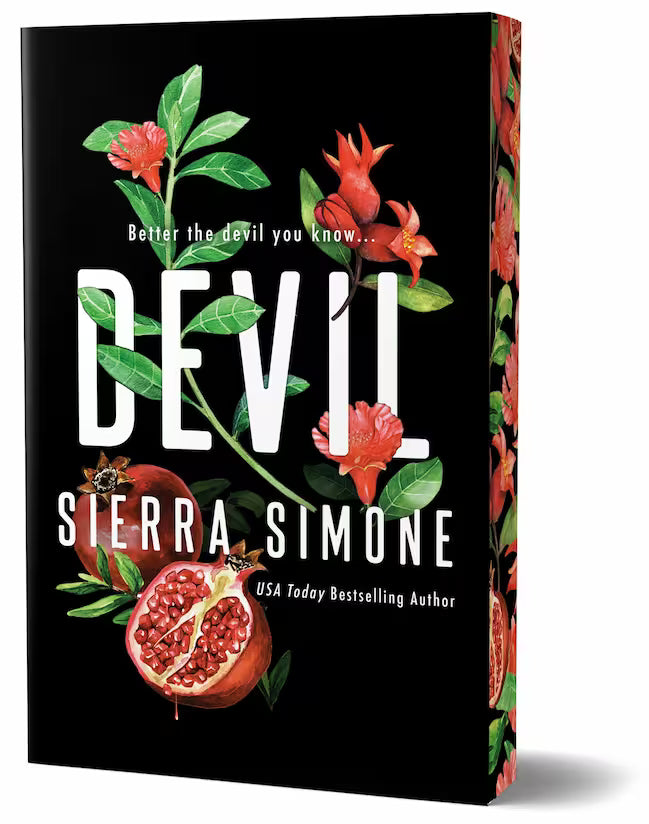 Book Cover for 'Devil' by Sierra Simone, featuring a black background with red flowers and pomegranates illustrated between the title font. The digitally sprayed edges contain the same flower and pomegranate illustrations.