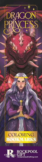 A vertical coloring bookmark featuring fantasy artwork of a red dragon behind a young woman with silver hair and a purple robe, with the text 'Dragon Princess' and 'Coloring Bookmarks' and the Rockpool Gift logo.