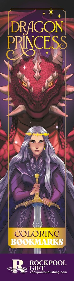 A vertical coloring bookmark featuring fantasy artwork of a red dragon behind a young woman with silver hair and a purple robe, with the text 'Dragon Princess' and 'Coloring Bookmarks' and the Rockpool Gift logo.