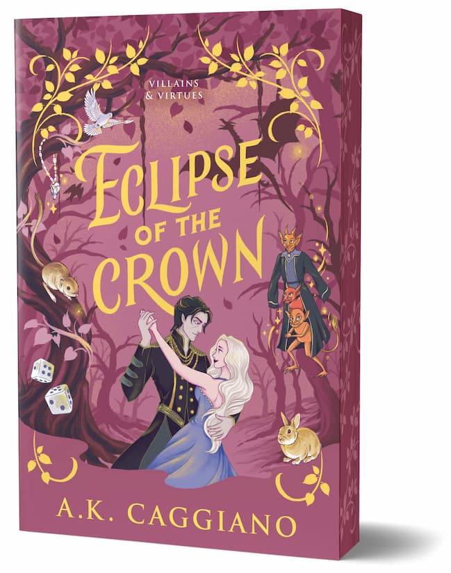 Special Edition Book cover of 'Eclipse of the Crown' by A.K. Caggiano with a purple background and characters embracing in a dance on the cover with pink floral edges.