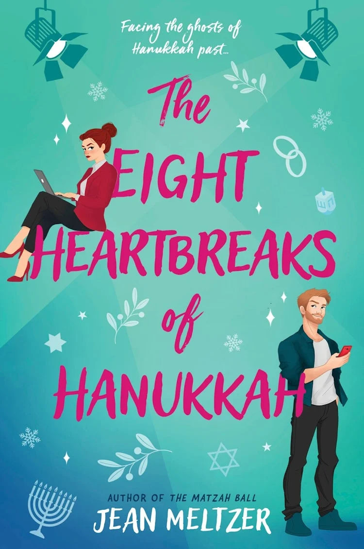 Book cover of 'The Eight Heartbreaks of Hanukkah' by Jean Meltzer, featuring a woman on her laptop and a man on his phone looking across the over at each other. The background is a gradient of blue and turquoise with Jewish icons sprinkled across the cover. 