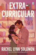 Book cover for Extracurricular by Rachel Lynn Solomon, featuring an illustrated couple embracing and nuzzling their noses together, in a room filled with books, plants and musical achievements.