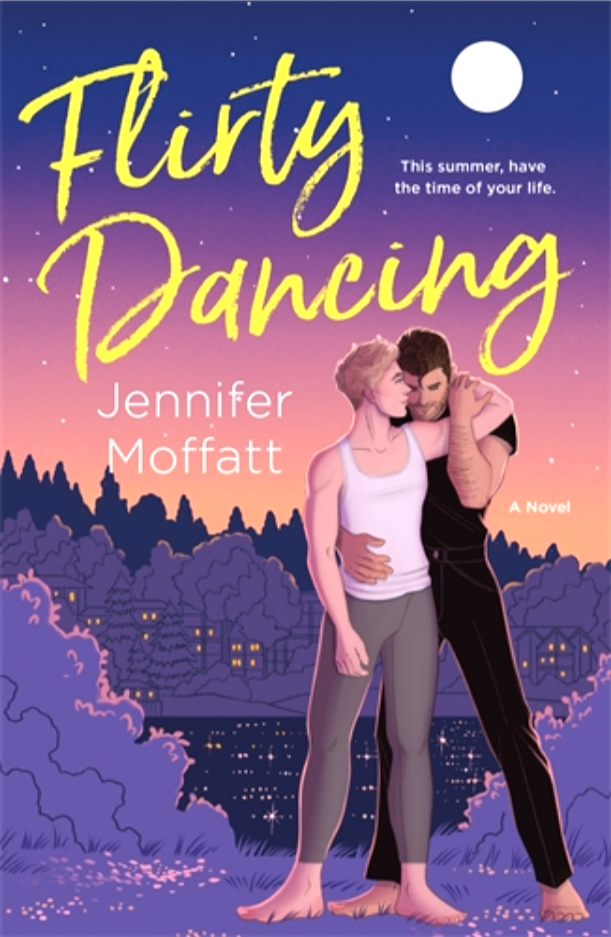 Book cover for the novel 'Flirty Dancing' by Jennifer Moffatt, featuring an illustrated couple embracing under a full moon at night, with large yellow title text and a purple-to-pink gradient background.