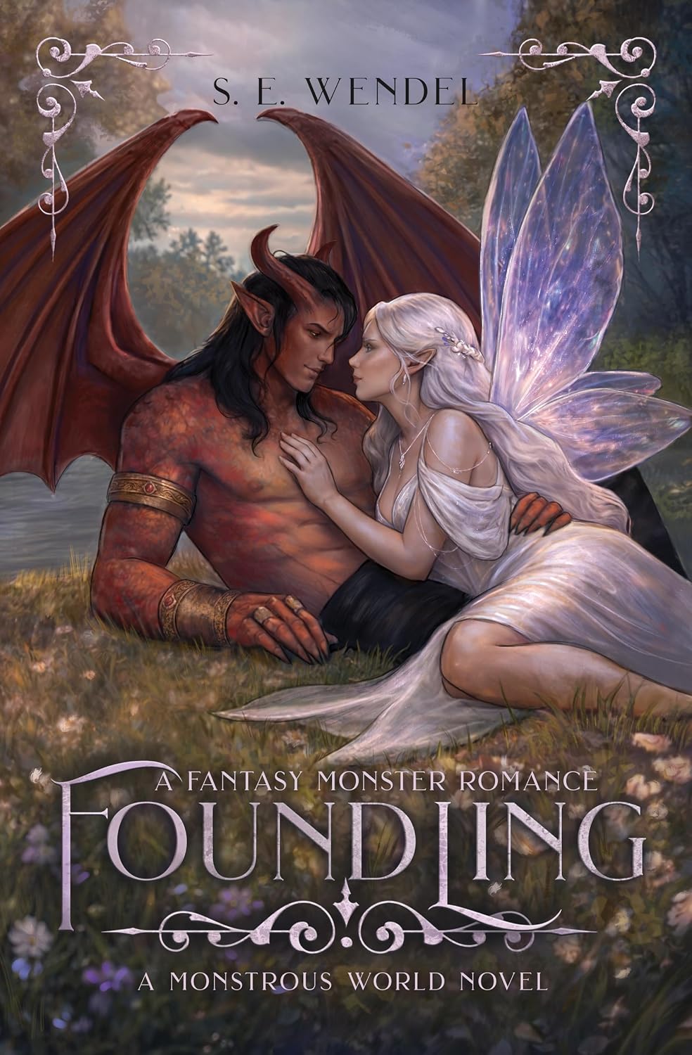 Book cover for 'Foundling' by S.E. Wendel featuring a dragon man and fae woman cuddling in a field.