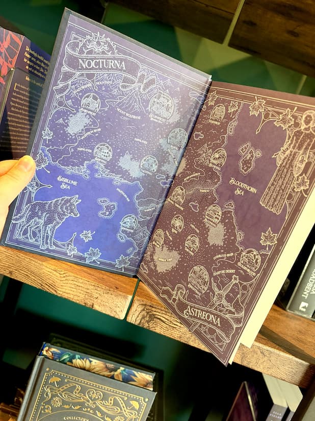 The end pages of 'Fury Bound' by Sable Sorensen featuring a dark blue backgroudn with a white fantasy map of 'Nocturna'.