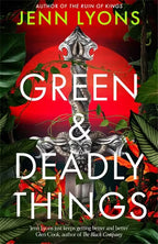 Book cover for 'Green & Deadly Things' by Jenn Lyons, featuring a large silver dagger with a ram's head handle, set against a red sun and tropical green leaves.
