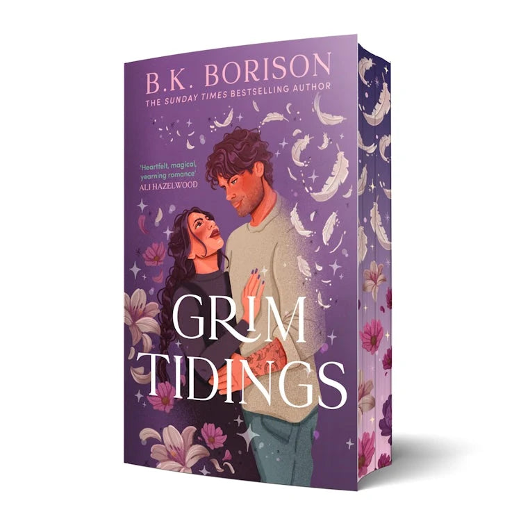 Book cover for 'Grim Tidings' by B.K. Borison, featuring an illustrated cover of a couple embracing and looking at each other. They are surrounded by feathers and flowers on a purple background with matching sprayed edges. 