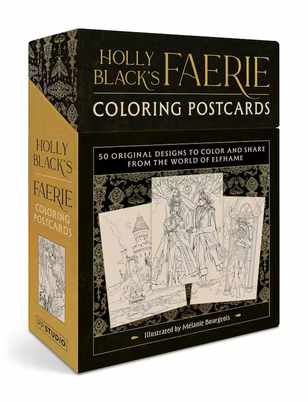 Holly Black's Faerie Coloring Postcards box set, featuring a black and gold design with line-art illustrations of fairies and fantasy scenes on the front and spine.