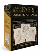 Holly Black's Faerie Coloring Postcards box set, featuring a black and gold design with line-art illustrations of fairies and fantasy scenes on the front and spine.