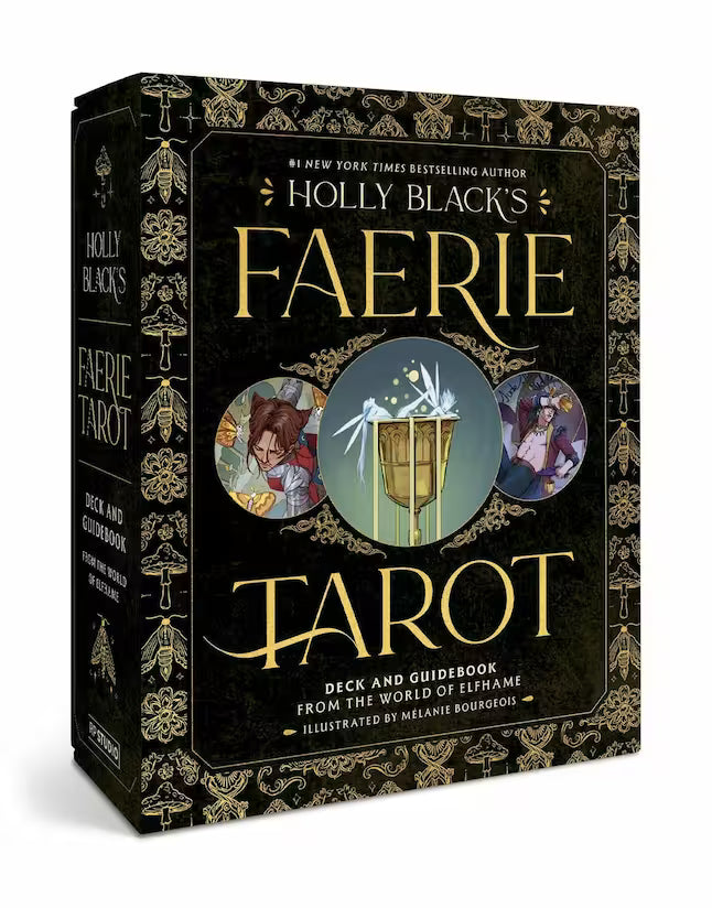 Holly Black's Faerie Tarot Deck and Guidebook box set, featuring a black box with ornate gold patterns and central artwork of a cauldron with white faeries  and two circular character illustrations.
