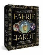 Holly Black's Faerie Tarot Deck and Guidebook box set, featuring a black box with ornate gold patterns and central artwork of a cauldron with white faeries  and two circular character illustrations.