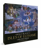 Puzzle box featuring an illustration of a fantasy landscape with buildings and people, titled 'Holly Black's Isles of Elfhame'.
