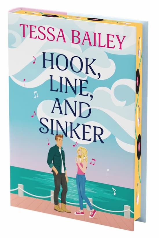 Book cover of 'Hook, Line, and Sinker' by Tessa Bailey with a man facing a woman wearing white headphones on a dock. Pink and white music notes run up the book cover and across the title. The sprayed edges are yellow with black records and white headphones.