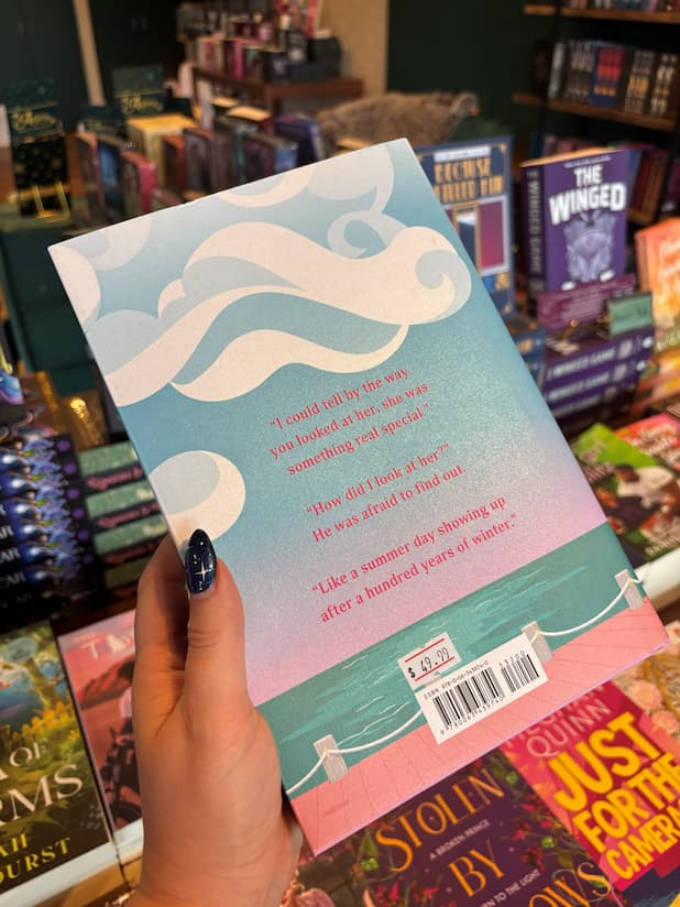 A hand holds the back cover of 'Hook, Line, and Sinker' by Tessa Bailey with a dock on an ocean and cloudy skyline. The book is held in front of a table full of other books blurry in the background.