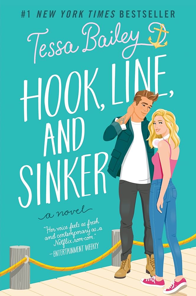 Book cover of 'Hook, Line, and Sinker' by Tessa Bailey with a man holding his neck showing a tattoo on his arm and woman wearing white headphones on a dock.
