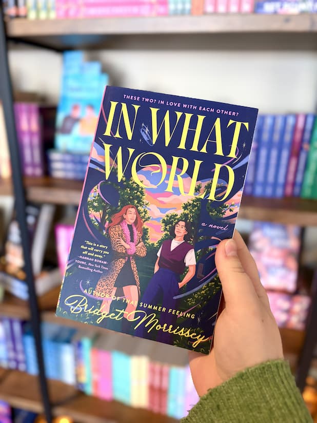 A hand holding a paperback copy of 'In What World' by Bridget Morrissey. The cover features a dark purple background with a colorful illustration of two women, and the title is written in large yellow letters.