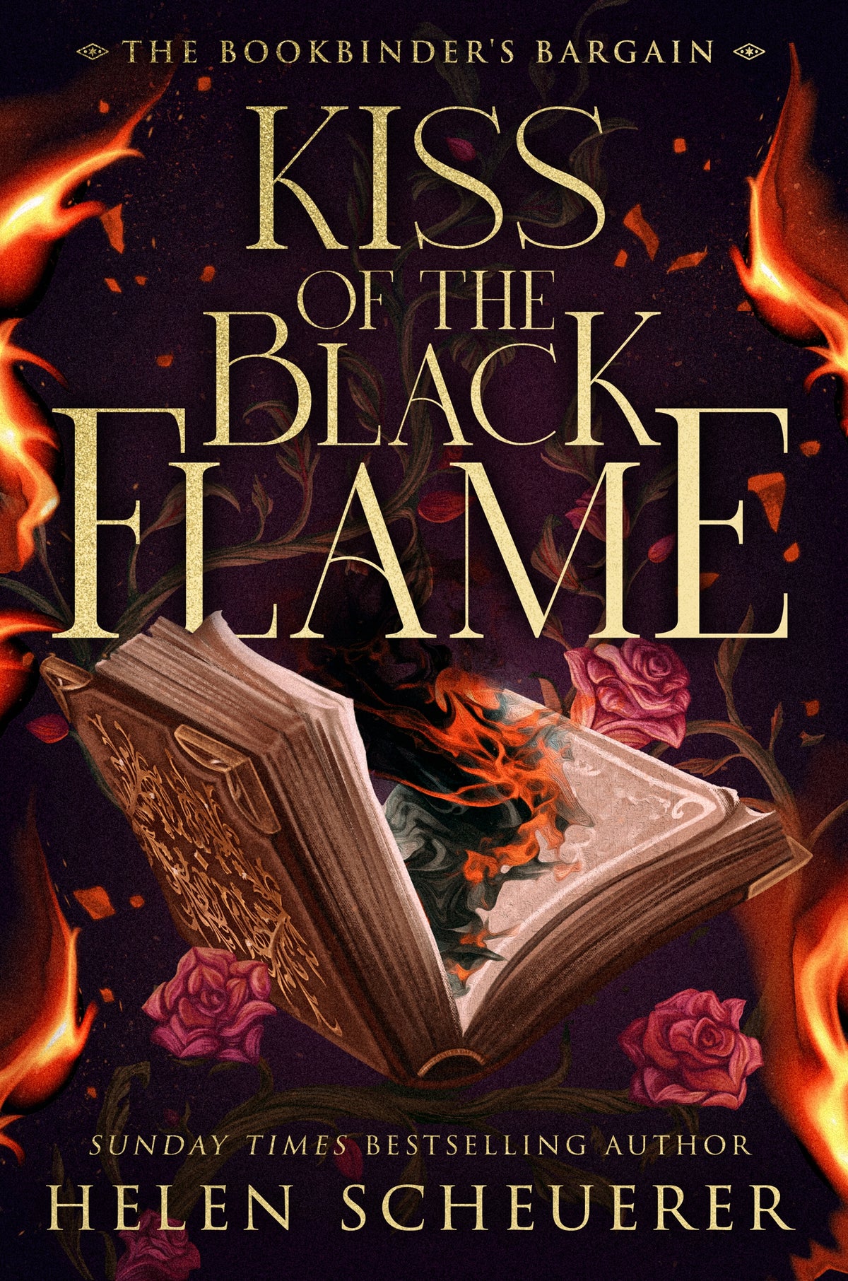 Book cover of 'Kiss of the Black Flame' with an open book surrounded by roses burning from the middle of the book in orange and black flames.