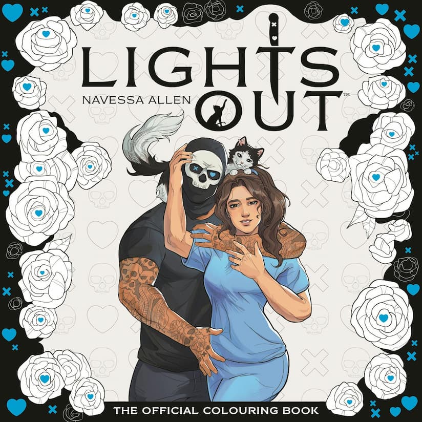 Book cover for the Lights Out Official colouring book showing a man in a skull mask embracing a woman in blue scrub with a cat drape over his shoulders.