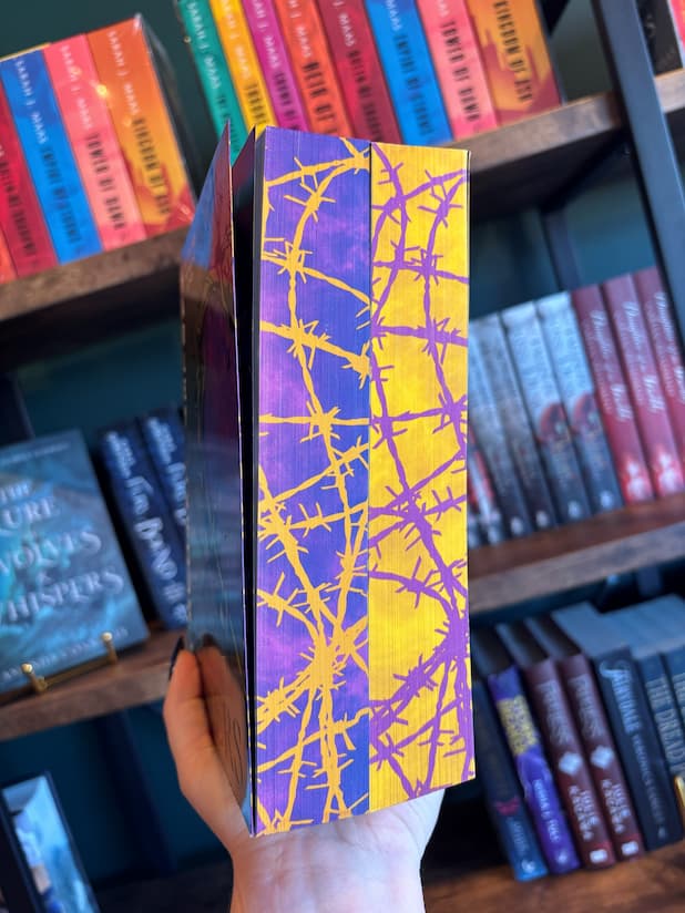 A hand holds a the "Losers Duet" by Harley Laroux, showcasing the purple and yellow barbed wire sprayed edges of both books, set against a blurred background of bookshelves filled with books.