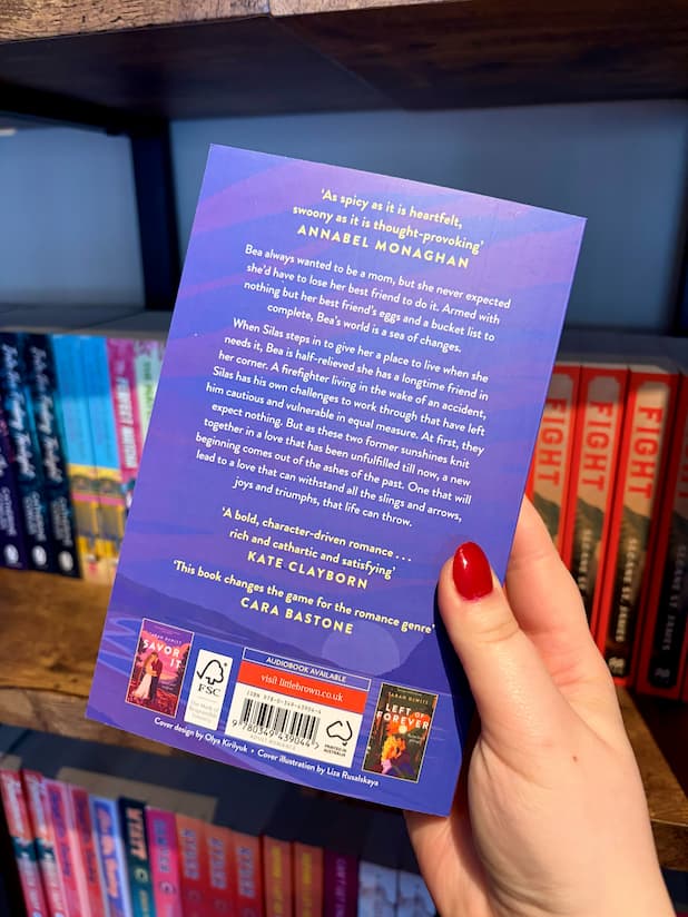 The back cover of Lost and Found by Tarah DeWitt with a blurb showcasing feature notes from Annabel Monaghan, Kate Clayborn and Cara Bastone