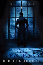 Book cover of 'Loving the Wicked' by Rebecca Johnpee, a dark mafia romance, with a silhouette of a person in front of a stained glass window.