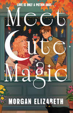 Book cover for 'Meet Cute Magic' by Morgan Elizabeth, featuring an illustrated autumn-themed storefront window with a woman and man facing each other holding a heart-shaped potion and a black cat at the bottom.