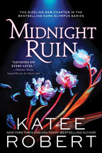 The cover of the book 'Midnight Ruin' by Katee Robert. It is a dark and blue cover with orange and white flowers and white text.