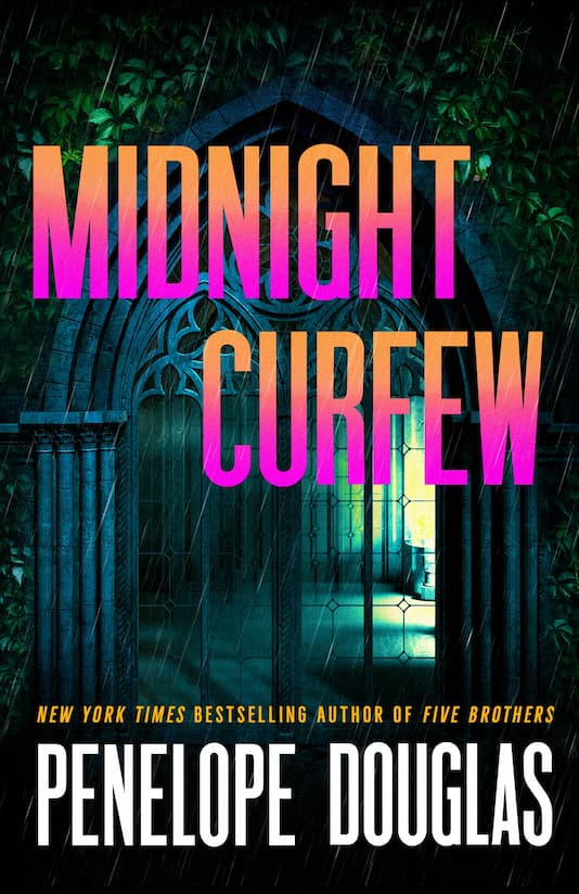 Book cover for 'Midnight Curfew' by Penelope Douglas, featuring a dark gothic stone archway in the rain with large gradient title text in pink, orange, and yellow.