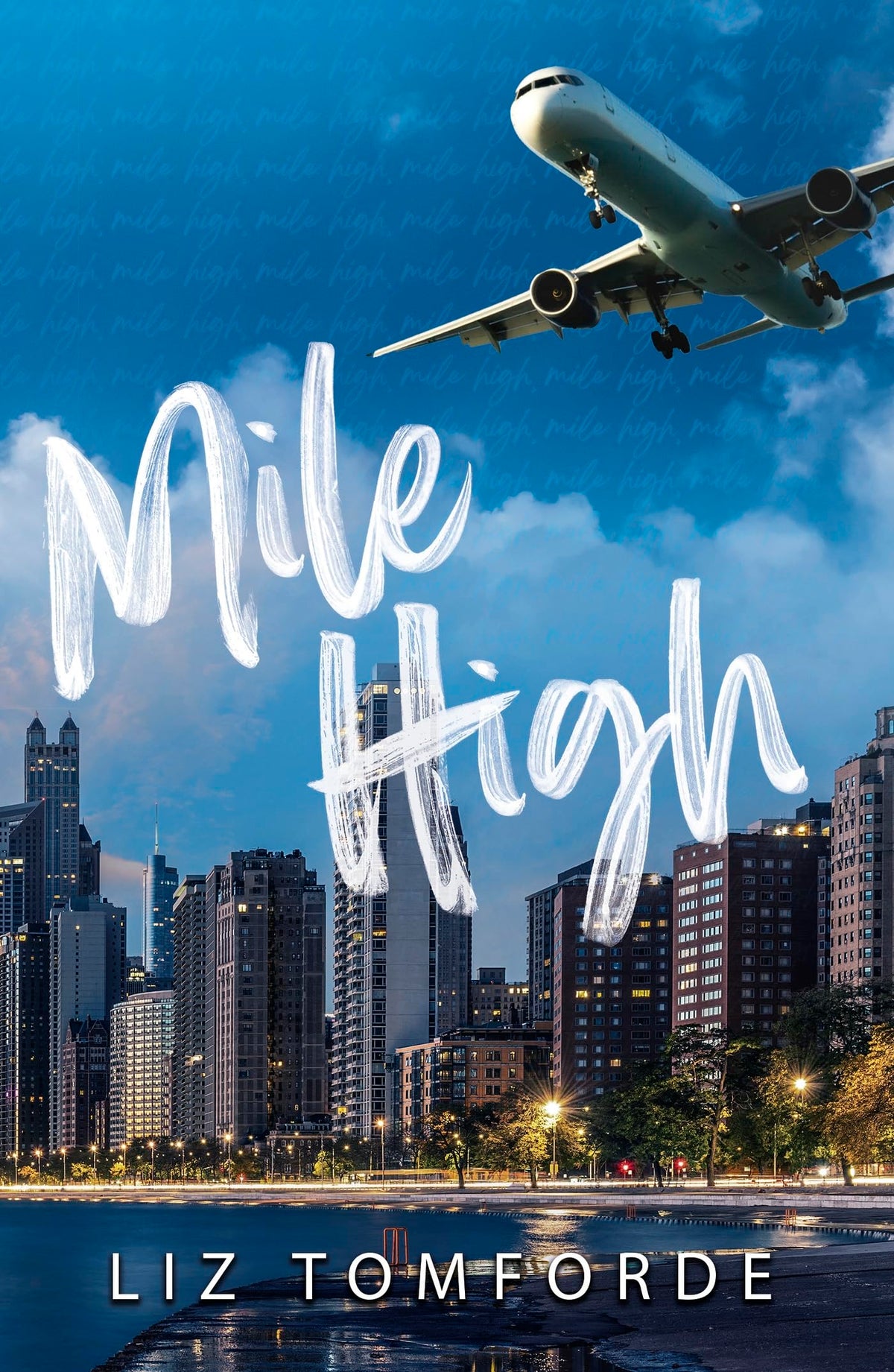 Book cover of 'Mile High' by Liz Tomforde with an airplane flying over a city skyline.