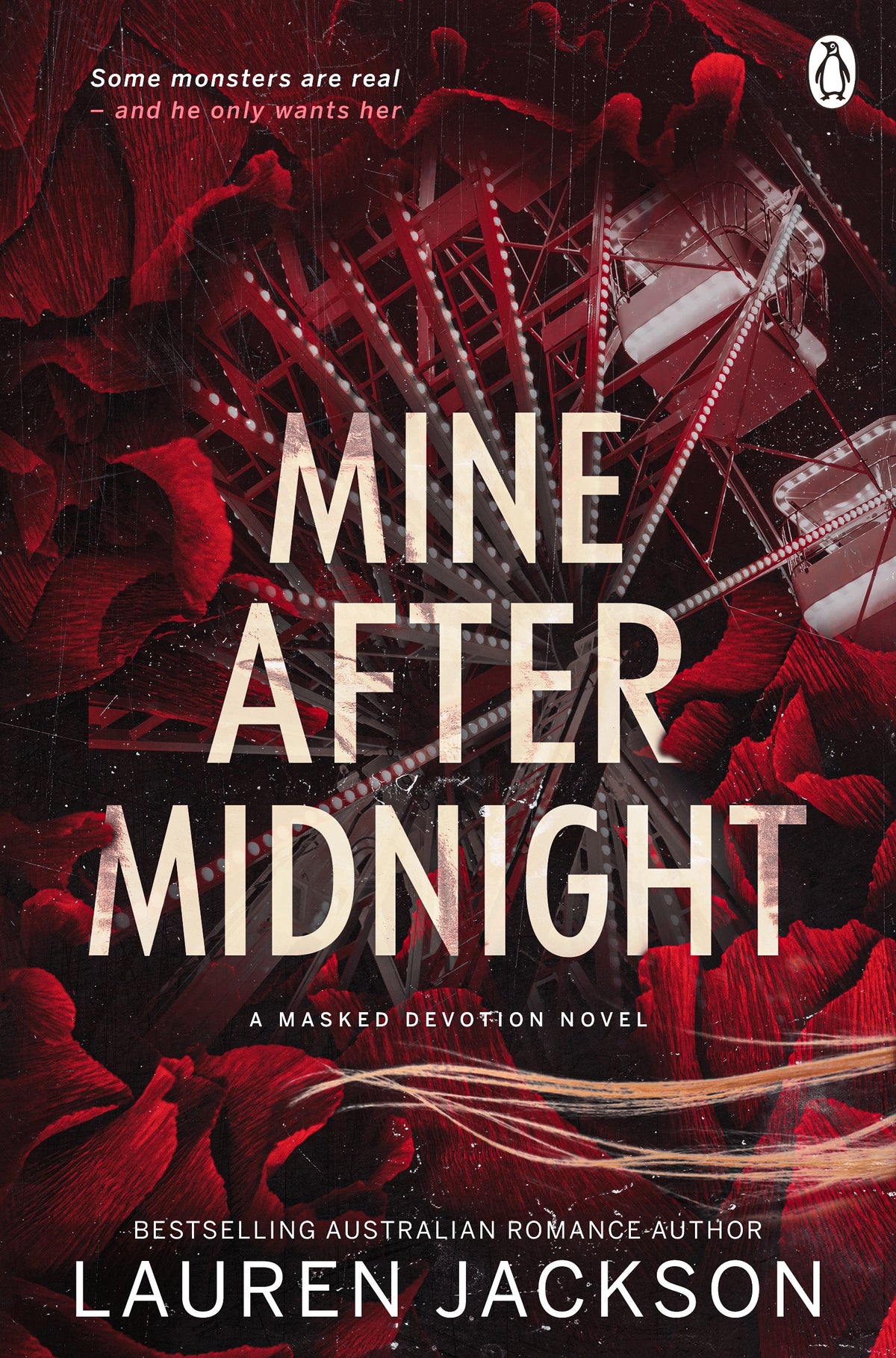 Book cover for 'Mine After Midnight' by Lauren Jackson, featuring large cream title text over a dark red and black abstract background with a ferris wheel. Penguin logo appears at top right.