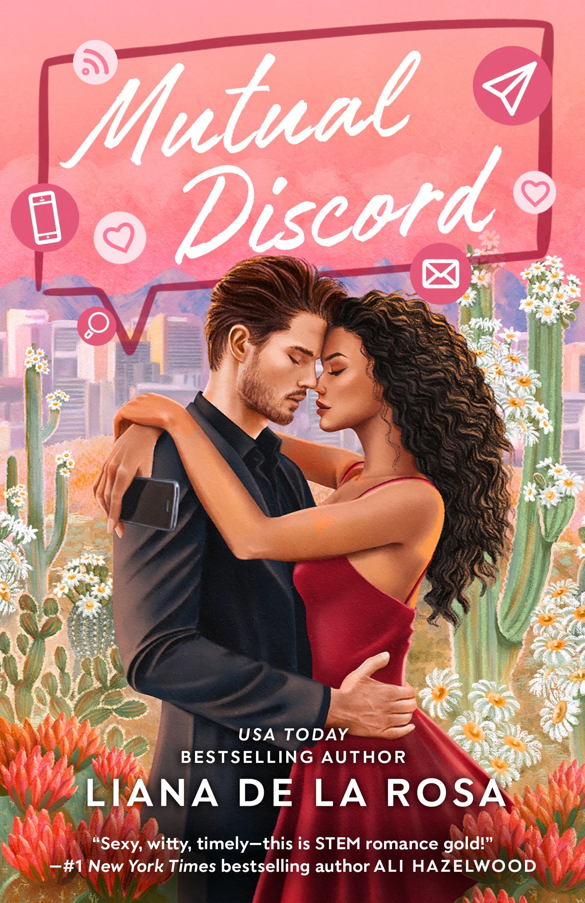Book cover of 'Mutual Discord' featuring a couple embracing with a cityscape and cacti in the background.