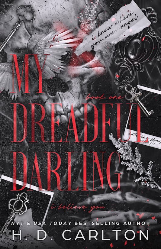 Book cover of 'My Dreadful Darling' with keys, feathers, and text on a dark background