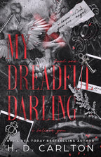 Book cover of 'My Dreadful Darling' with keys, feathers, and text on a dark background