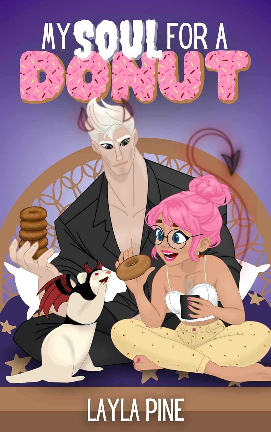 Book cover for 'My Soul for a Donut' by Layla Pine, featuring an illustrated scene of a pale man in a black suit holding a donut, a pink-haired woman in a white top and beige pants holding a coffee cup, and a small white cat with red markings. The title is displayed at the top in large pink donut letters, and the author's name is at the bottom.