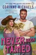 The cover for 'Never Been Tamed' by Corinne Michaels, featuring an illustration of a man and woman in country clothes, standing in front of a mountain landscape, with a large pink title.