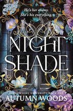 The book cover of 'Nightshade' by Autumn Woods shows decorative font over a dark stained glass window covered in flowers and swirling motifs.
