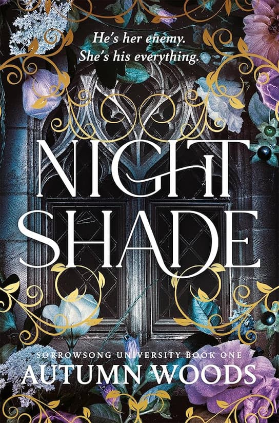 The book cover of 'Nightshade' by Autumn Woods shows decorative font over a dark stained glass window covered in flowers and swirling motifs.